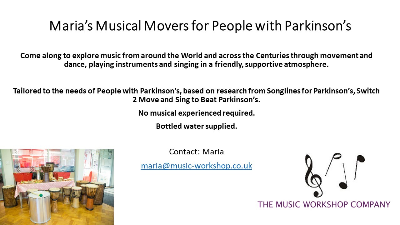 Details of Maria's Musical Movers for People with Parkinson's taking place in Stevenage. Email maria@music-workshop.co.uk for full details