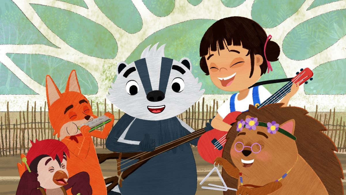 A still from an episode of Yukee, featuring Yukee and her gang of musical friends